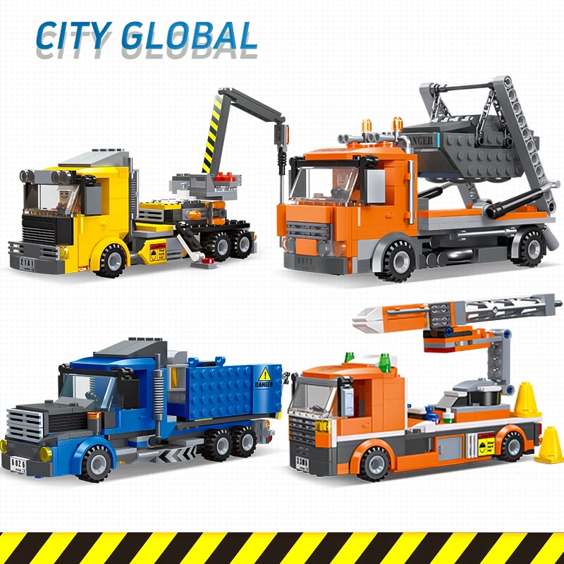 Children's toy city engineering series small particle assembled building blocks tipping dump truck mixer truck crane model