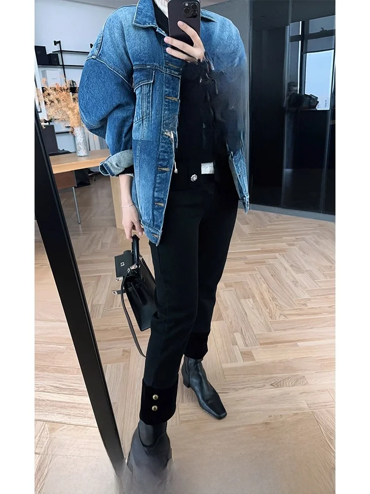 

Meiyang Velvet Latte Прямые джинсы с высокой талией и девятью зубцами, хлопковые эластичные джинсовые зимние джинсы с золотыми пуговицами и манжетами, зимние тонкие широкие брюки...