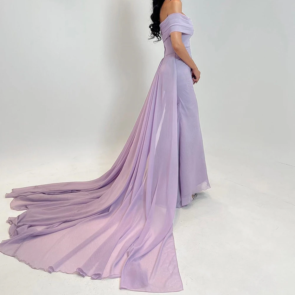 Customized  Chiffon Straight Off the Shoulder Evening Dress Strapless Short Sleeves Floor Length Panel Train Solid Colo