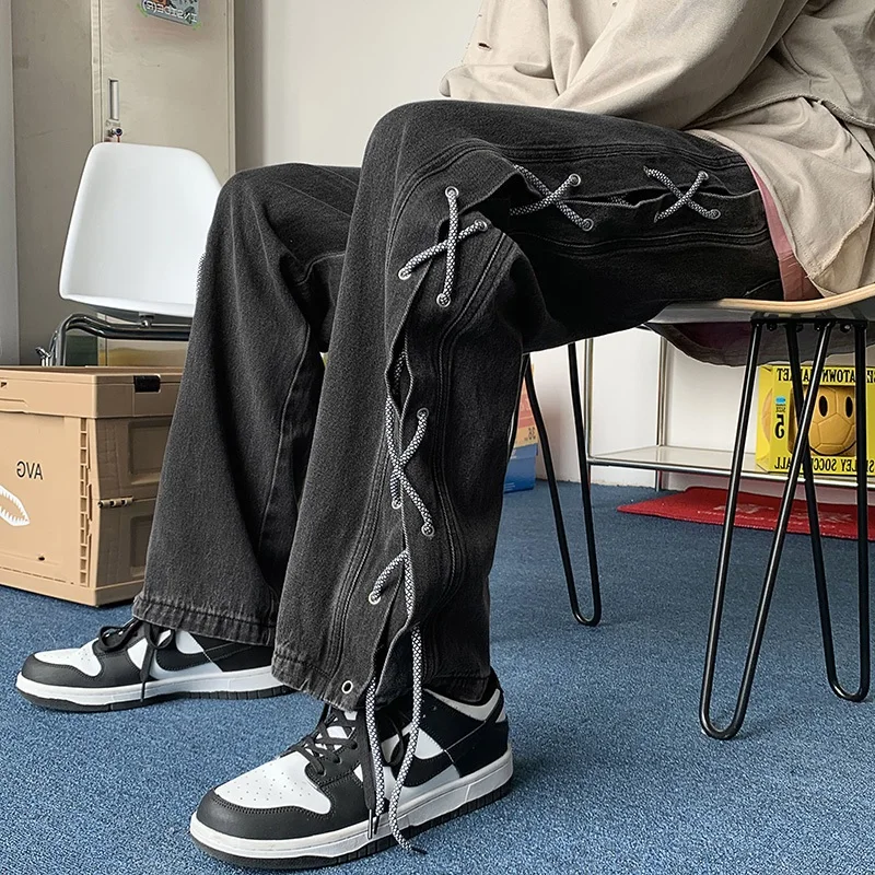 

Trendy American Sle Men's Jeans High Street Loose Straight Leg Belted Wide Leg Pants Autumn Casual Youth ular Jeans