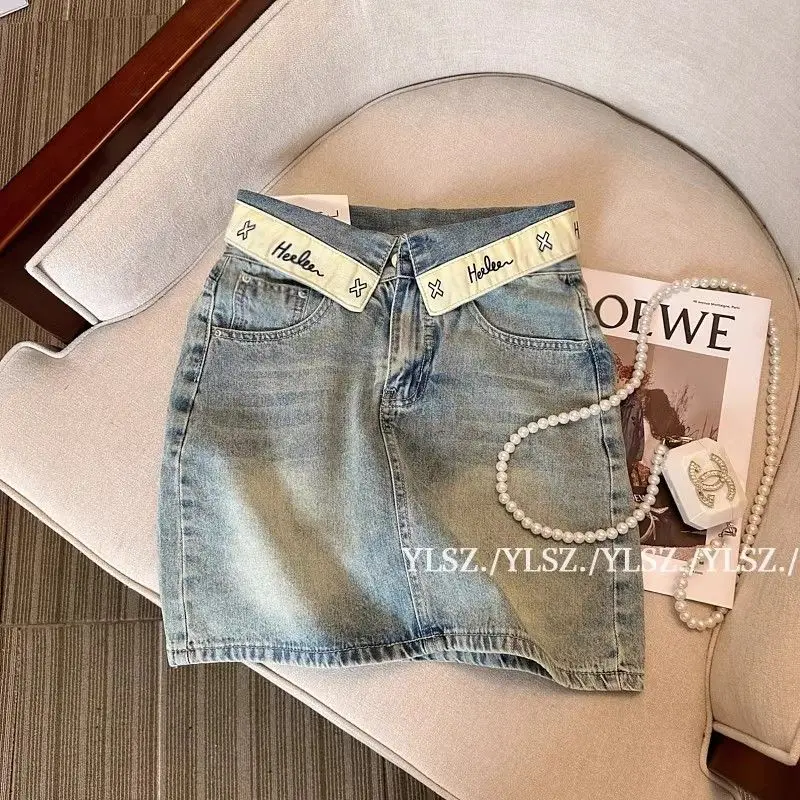 

High-Waist Denim Skirt Women'S Vintage A-Line Skirt Hong Kong Style Sensibility Waist Turned-Up Design Sense Of Design Trendy