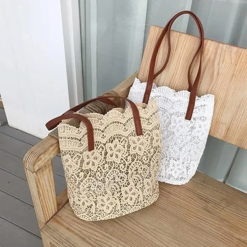 

Lace Bag Women's Inns Sen Style Beautiful Small Fresh Shopping One Shoulder Handbag Embroidered Flower Hollow Tote Bag
