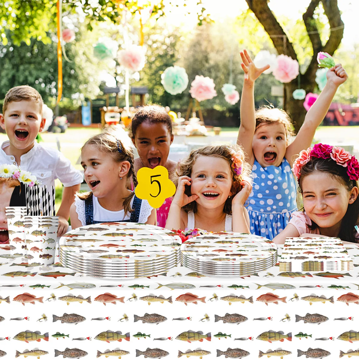 Vaisselle jetable sur le thème de la pêche, fournitures pour fête d'anniversaire sur le thème des poissons