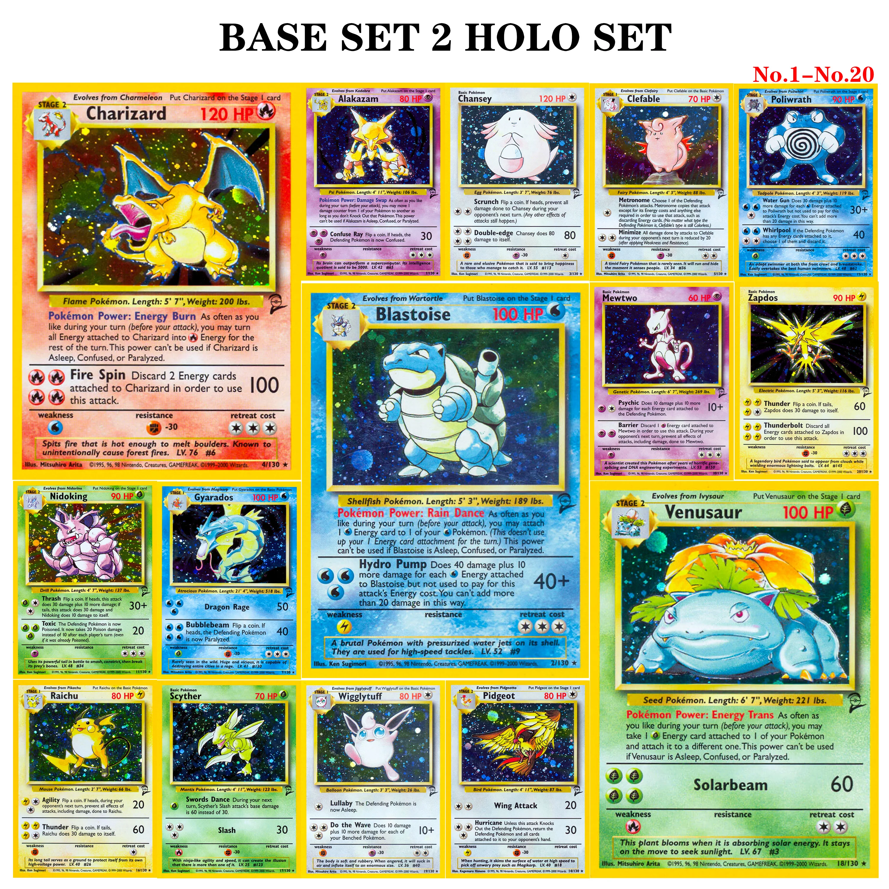 1999 PTCG Classic BASE SET2 Holo Series Proxy Cards No1-No20 Charizard/Gyarados/Zapdos/Alakazam 1ST Rare Vintage PKM DIY Card