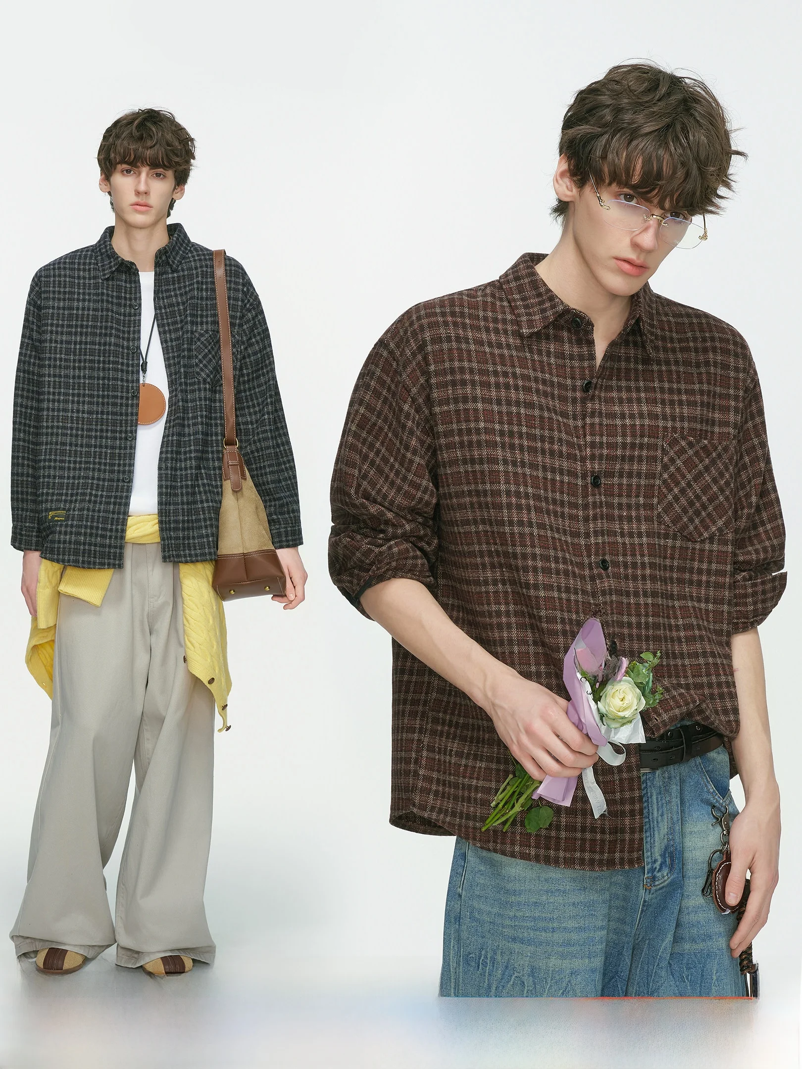 Retro American Brown Plaid Woolen Shirt Men's Long Sleeve Inner Wear Casual Loose Fit Autumn Season Fashionable Youth Shirt