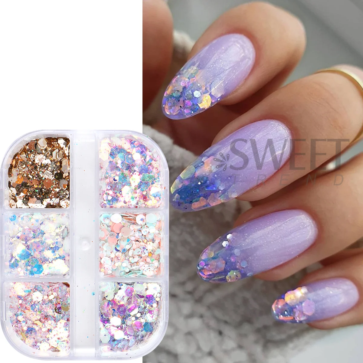 6 Grids Iridescent Crystal Nail Sequins Hexagon Chunky Mermaid Glitter Flakes Goblin Gel Polish Spring Creative Manicure Slices