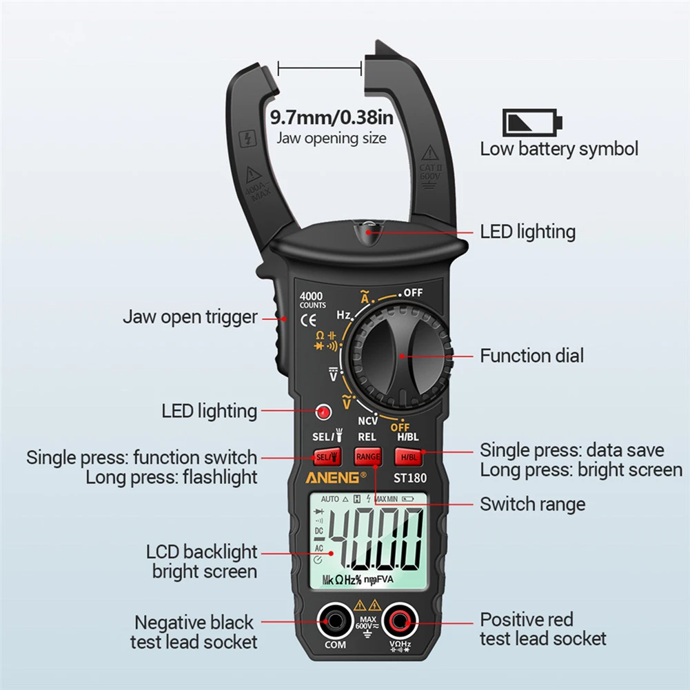 ST180 Digital Current Clamp Multimeter 4000 Counts Ammeter Voltmeter Ohm Tester