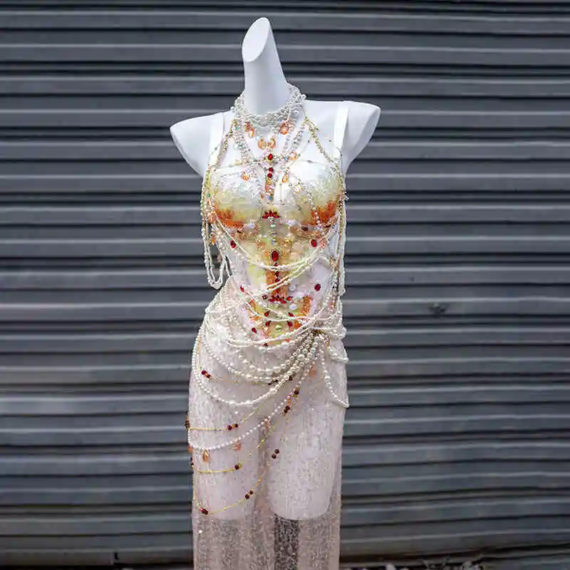 Women Mermaid Sequined Pearl Bra Dress Electric Syllable Sexy Performance Clothing Girl Night Club Bar Performance Suit