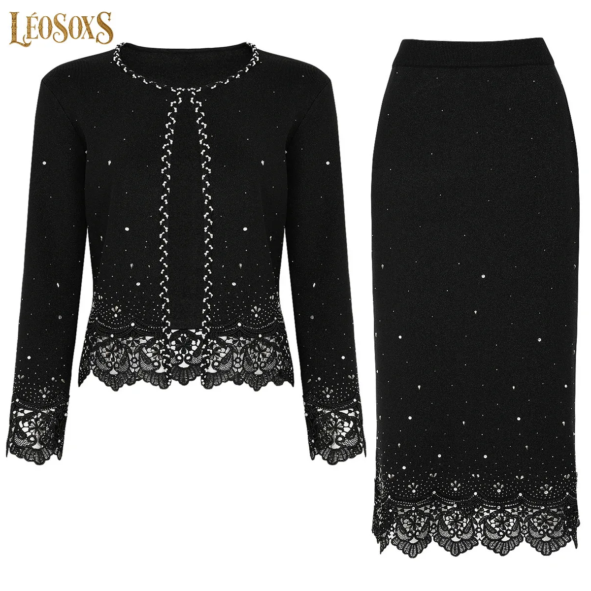 LEOSOXS High Quality Spring And Autumn Women's New Fashionable Commuting Lace Knitted Lace Long Sleeved JacketVestSkirt Set
