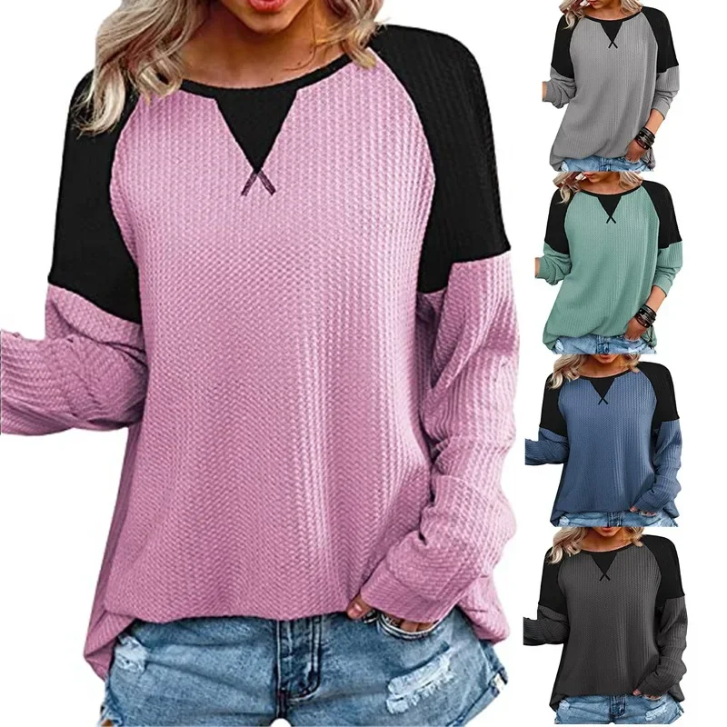 2023 Women's Top Fashion New Autumn, Crossed Neckline, Spliced Round Neck T-shirt Raglan Sleeve Long Sleeve Casual