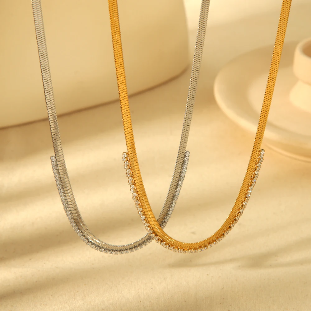 Dainty AAA Cubic Zirconia Herringbone Chain Choker Necklace Stainless Steel Gold Plated Necklaces Earring For Women Jewelry Gift