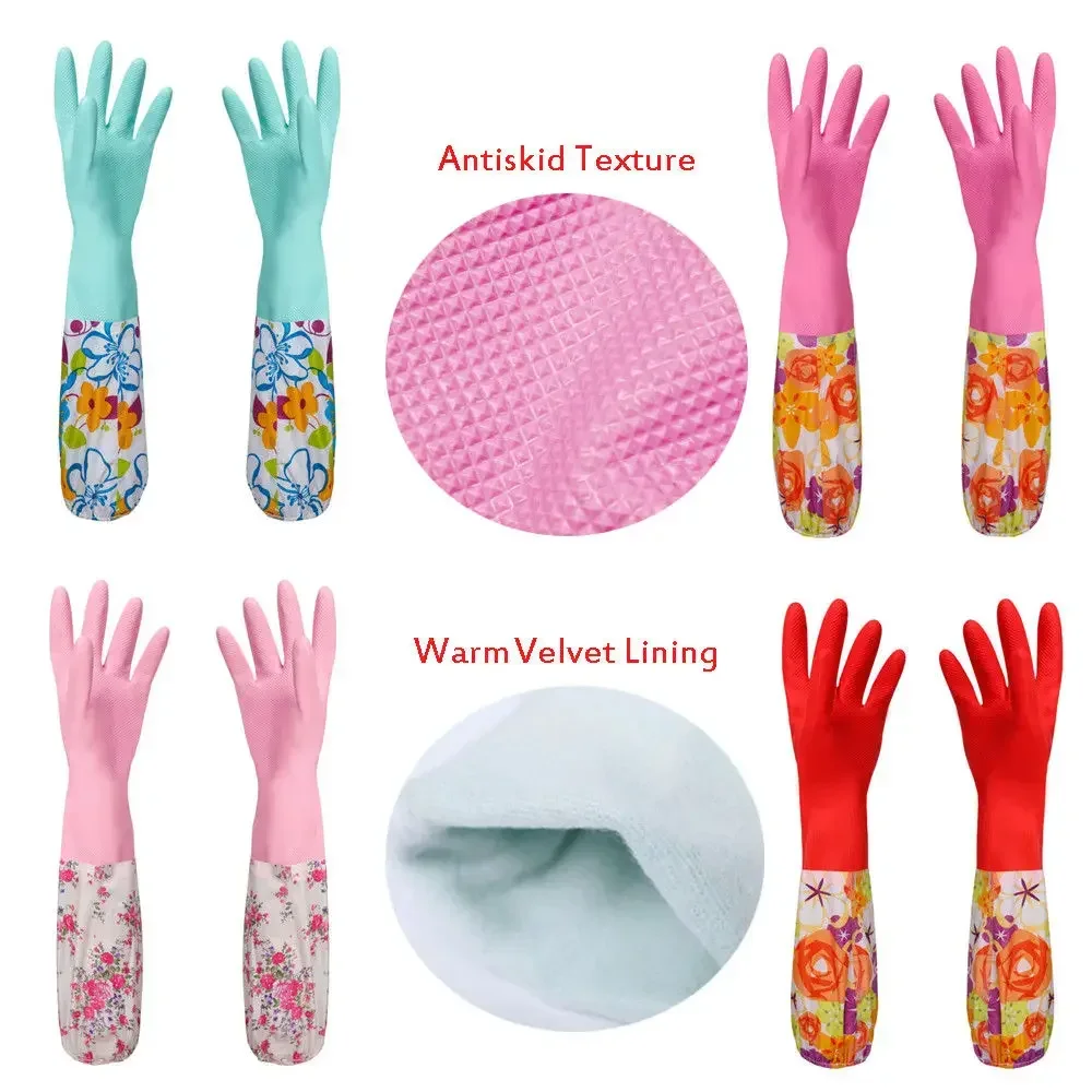 Flower Rubber Velvet Long Gloves Household Antiskid Washing Cleaning Dish Finger protector Gloves disposable Dishwashing gloves