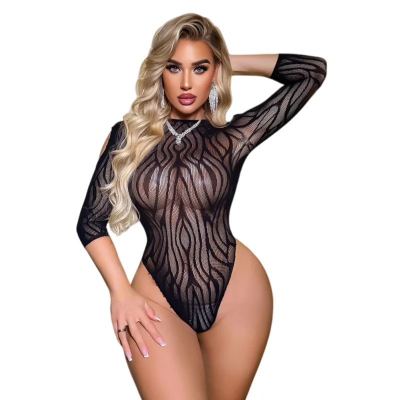 

Sexy Sheer Teddy for Women Plus Size Open Crotch Lace Mesh Bodysuit Tight Fitting Alluring Lingerie Set with Stockings body suit