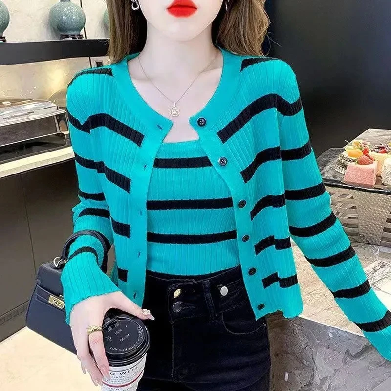 Spring Autumn Sweater Women\'s Fashion Korean Gentle Stripe Knitted Top Cardigan Coat With Suspender Two-Piece Set Femme Knitwear