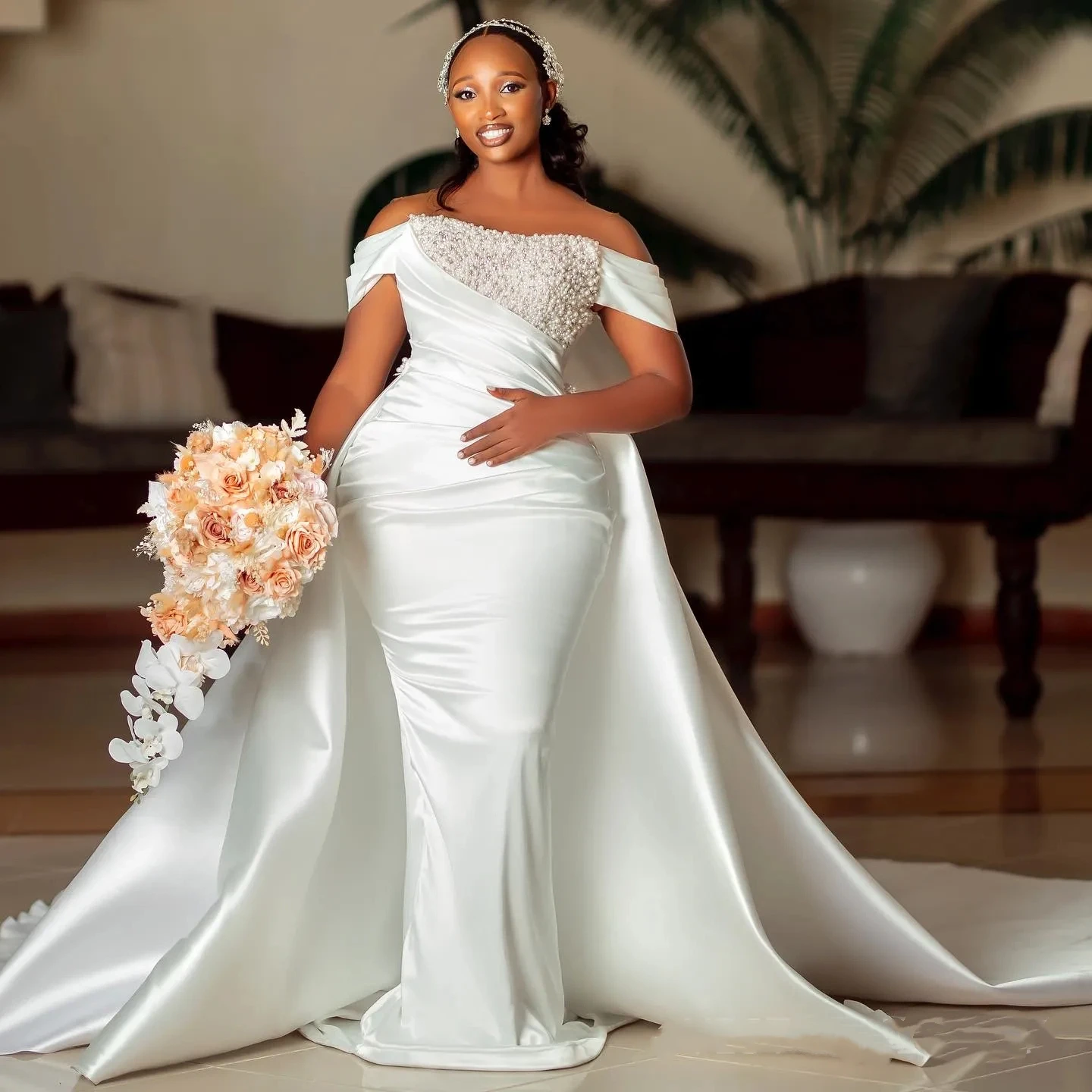 

Customized 2026 New Elegant Mermaid Pearl Women's Wedding Dress With Backless Sexy Sleeveless And Detachable Beach Bridal Gown