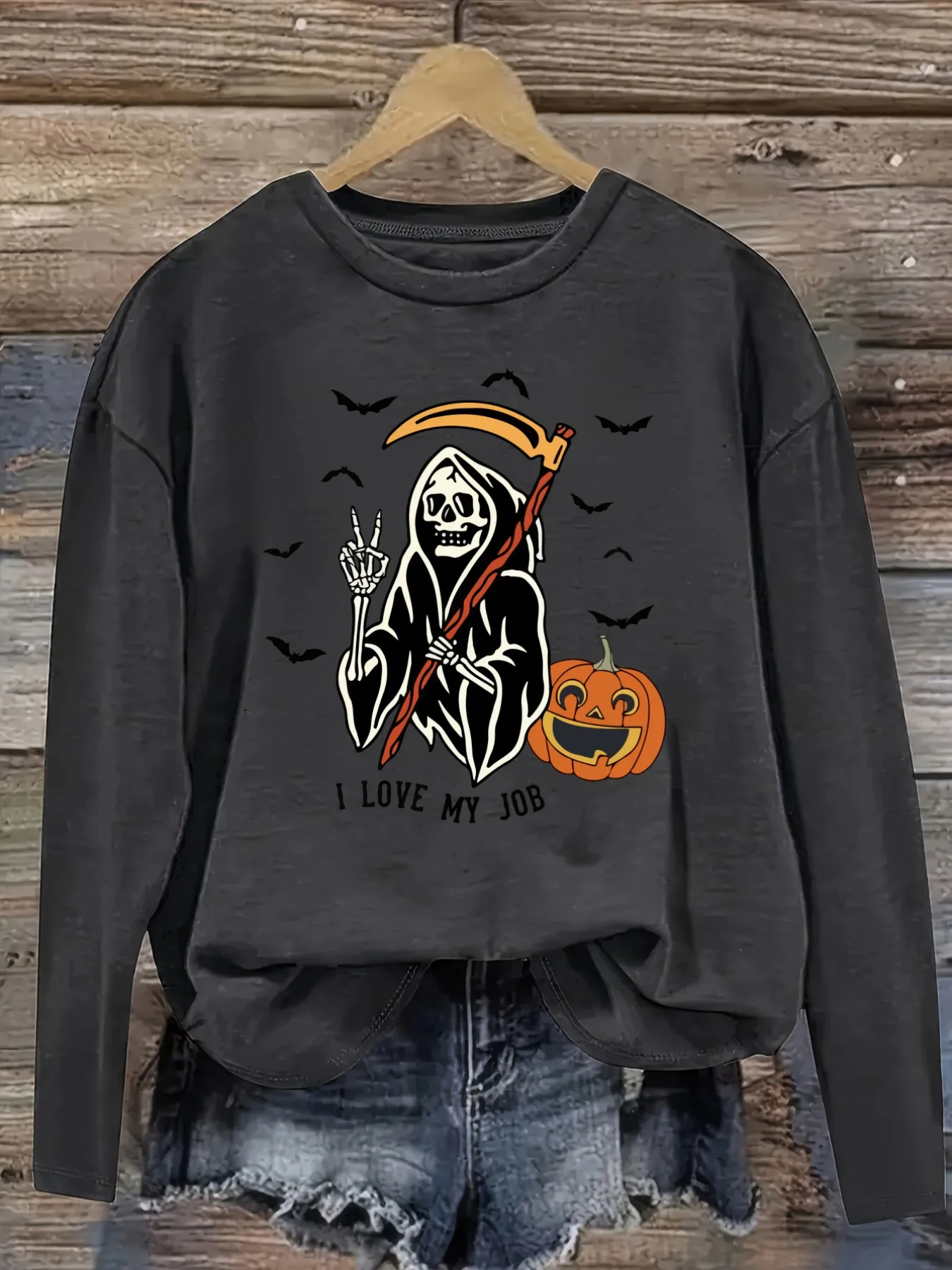 Women's Casual Long Sleeve Crew Neck T-Shirt Grim Reaper Pumpkin Halloween Graphic Print Design, Round Neck Women's Clothing, Machine Washable, Slightly Elastic, Loose Fit, Spring Autumn Winter Women's T-Shirt, Halloween Costume Outfit