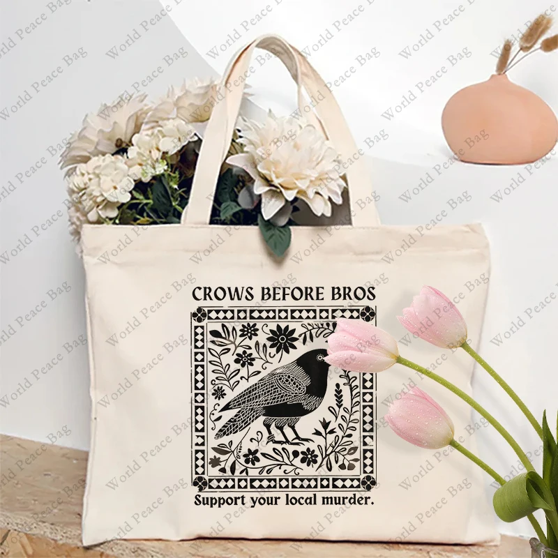 

1 pc Crows Before Bros Vintage Crow pattern Tote Bag Canvas Shoulder Bag For Travel Daily Commute Women's Reusable Shopping Bag
