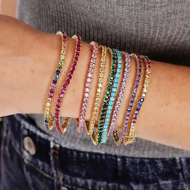 Iced Out Bling White Pink Rainbow CZ Tennis Chain Bracelet For Women High Quality Iced Out Bling Jewelry Collection
