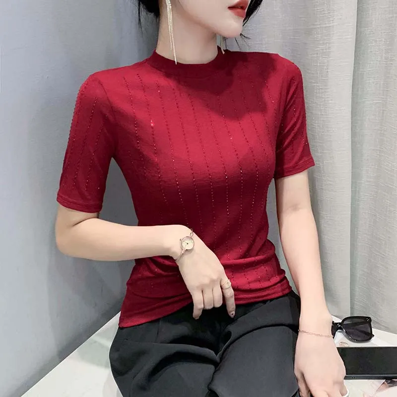 MadBlack-Women's European T-Shirt, Sexy Mock Neck Diamonds Patchwork, Streetwear Short Sleeve Slim Tee, 2025 Summer New T52820CC