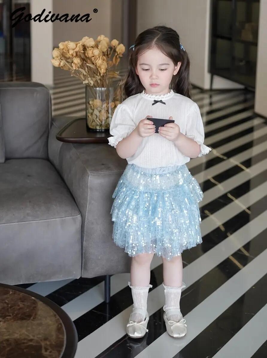 Sweet Baby Girls Fashion Princess Skirt 2pcs Set 2026 Summer New Kids Cutout Bow Lace Trim Pure Cotton Top Sequined Cake Skirt