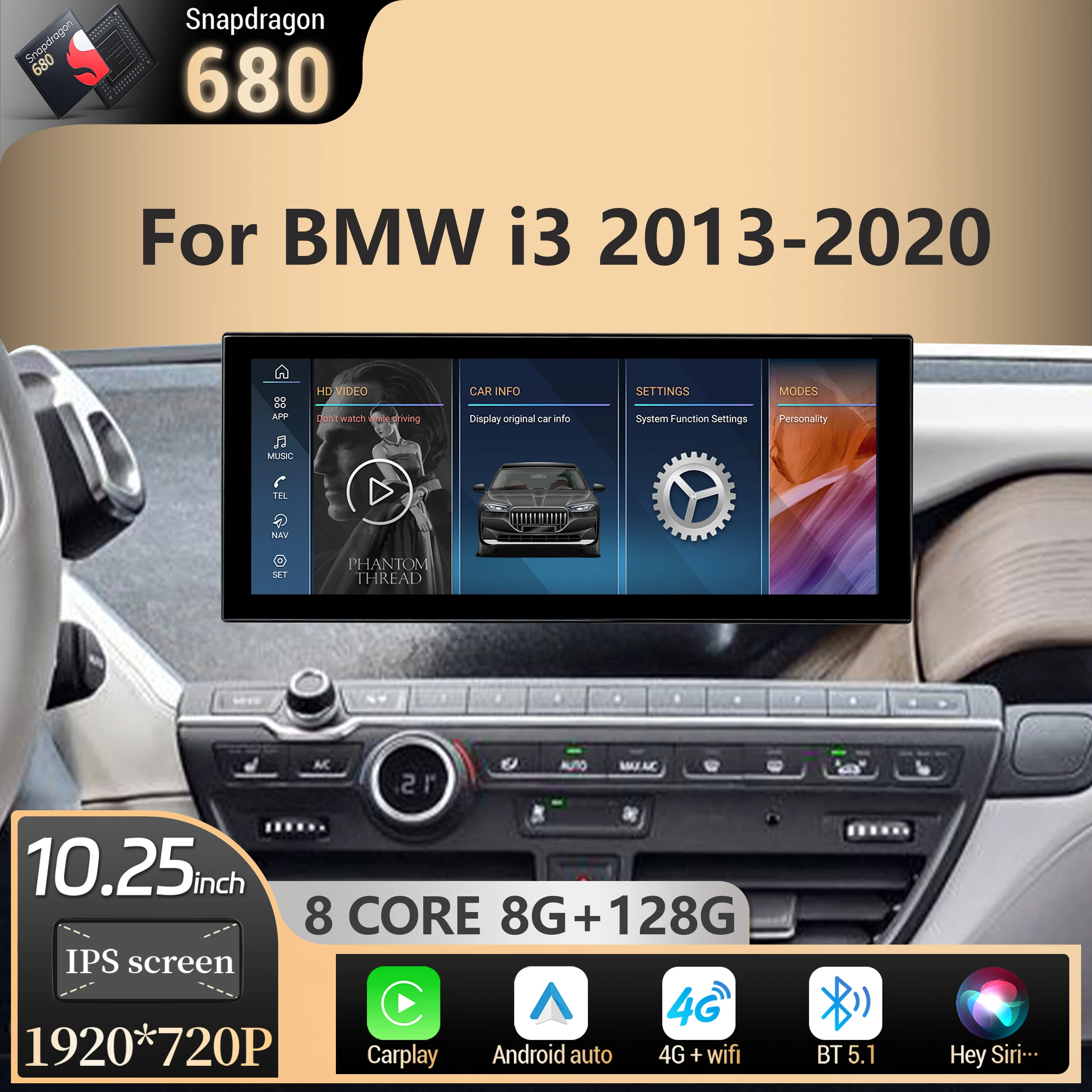 10.25 inch Android 14 For BMW i3 NBT EVO System 2013-2020 Car Radio Wireless BT Carplay Snapdragon 680 Touch Screen