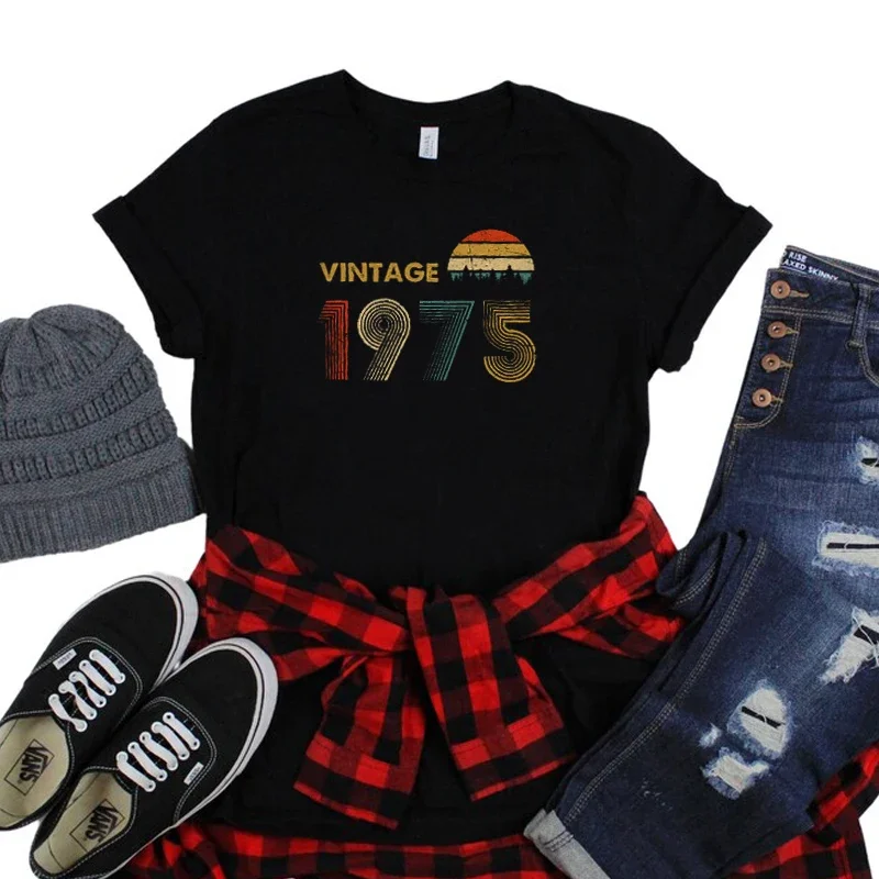 

Vintage Retro 1975 Sunset Outfits Women T Shirts 49th 49 Years Old Birthday Party Ladies Clothes Short Sleeved Goth Shirt Tshirt