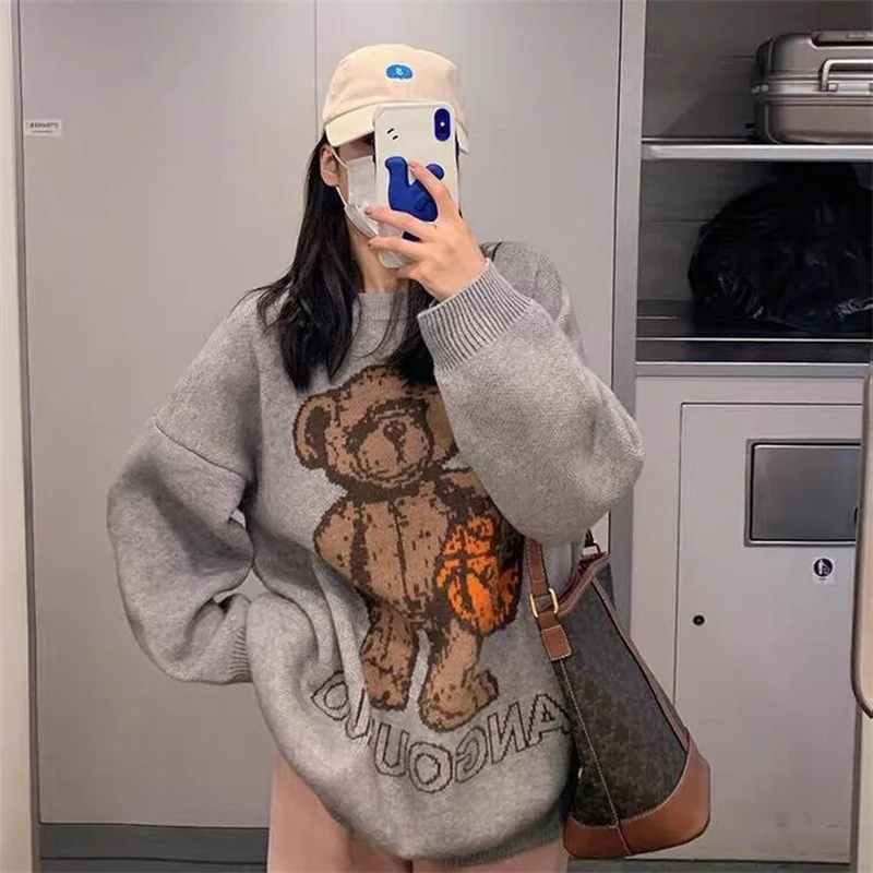 Japan Style Harajuku Women\'s Sweater Oversize Loose Vintage Clothes Autumn Winter Woman Jerseys 2024 Little Bear Pullover Blouse