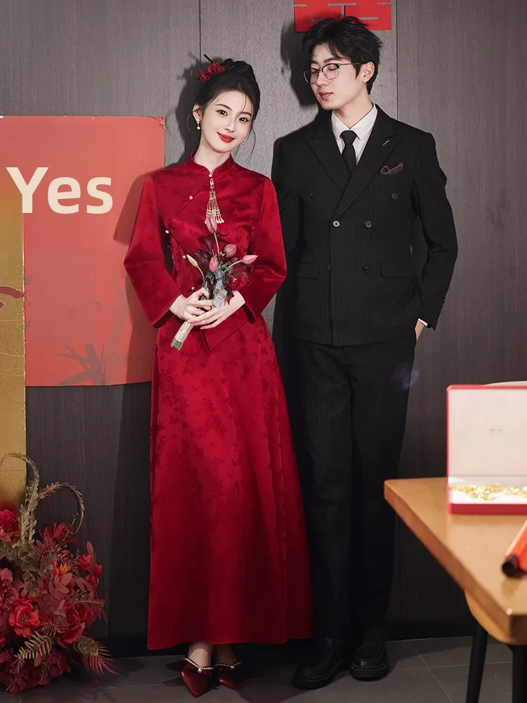 

Red Engagement Wedding Dr Chinese Sle Bride Gown Return Home Casual Dr Par Dr KTV Dr Polyester Fiber