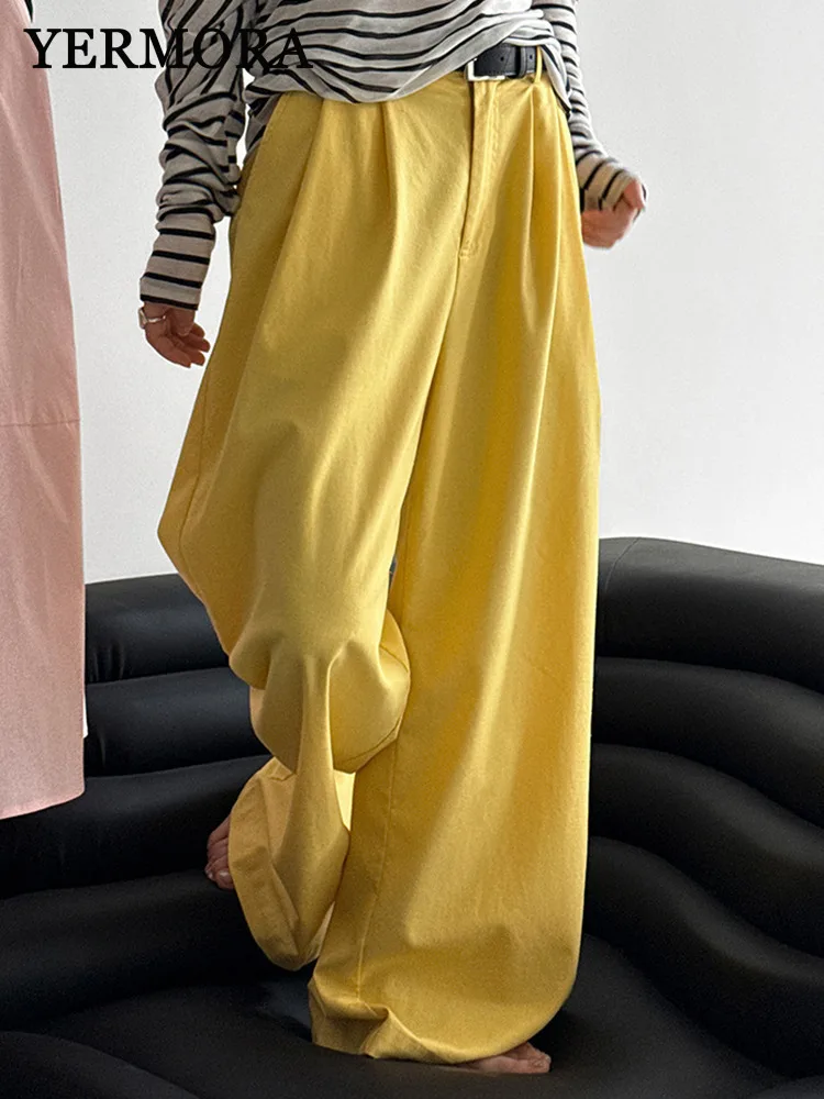 

YERMORA желтые плиссированные короткие повседневные широкие брюки с высокой талией для женщин, новые свободные брюки, модные весенне-осенние 2025