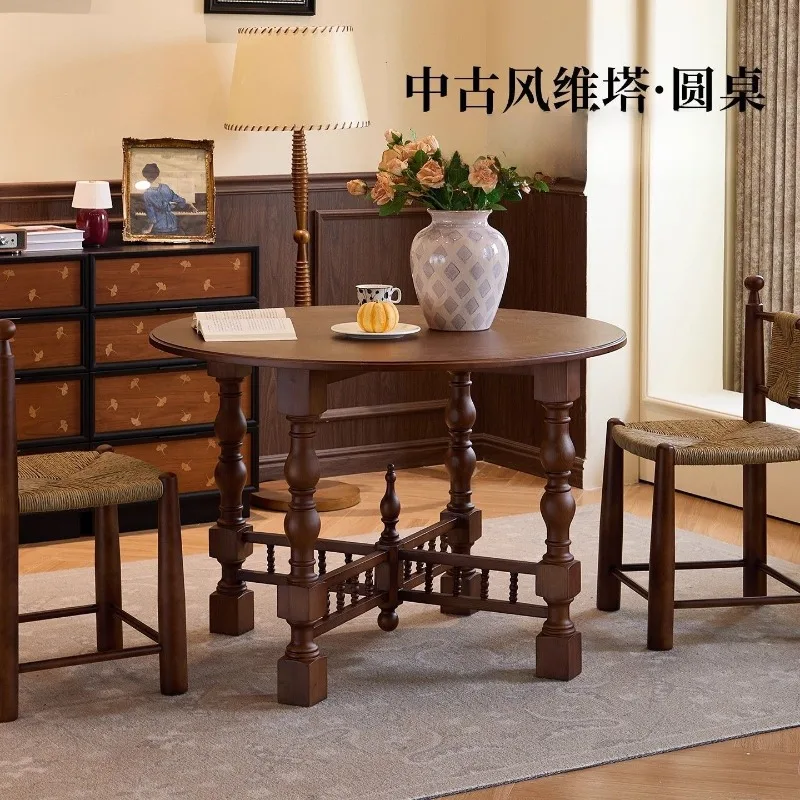 French retro solid wood small apartment round dining table medieval home living room does not occupy a dining table
