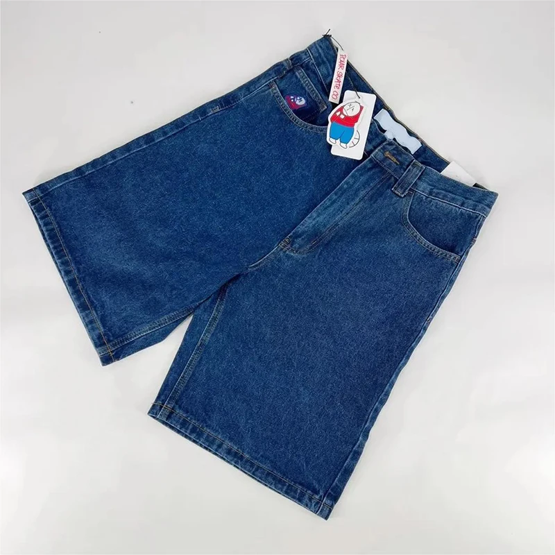 Y2k retro jean shorts das mulheres dos desenhos animados bordado na altura do joelho jeans baggy perna larga denim calças curtas dos homens shorts jorts