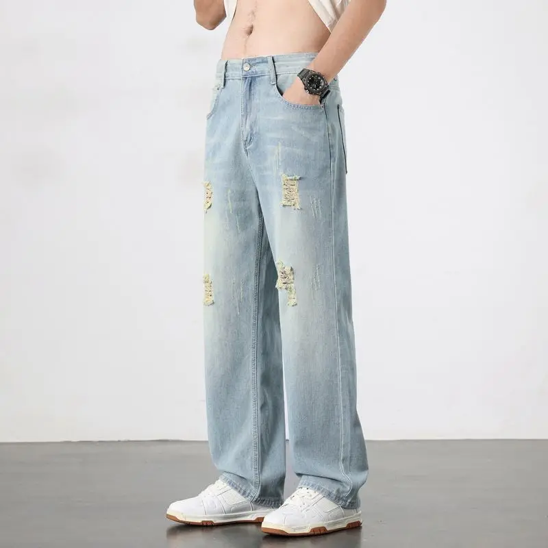 2026 Men's American Retro Washed Distressed Ripped Jeans Loose Straight Wide-Leg Casual Long Trousers for Spring Autumn