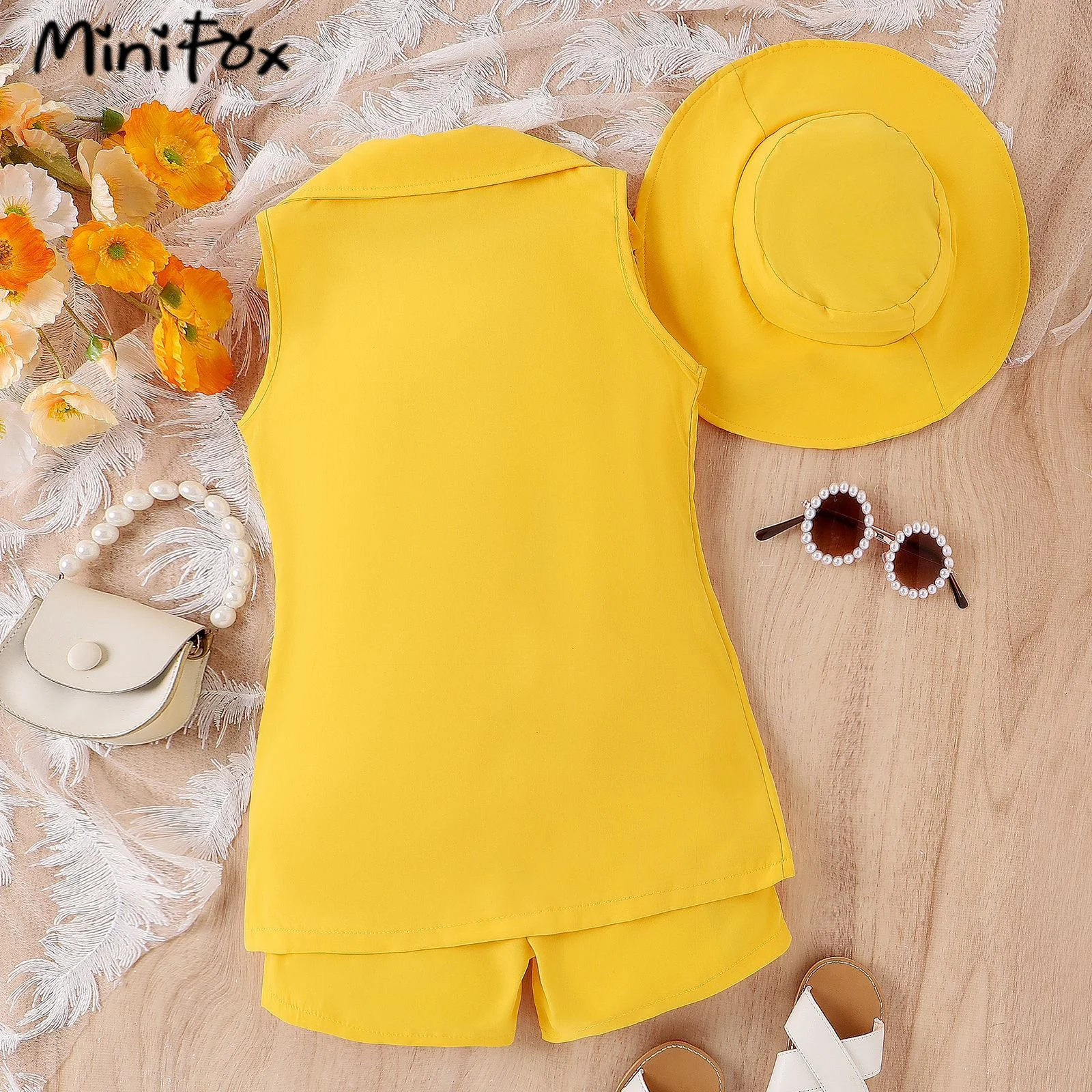 MiniFox 4pcs Summer Luxury Suit For Girls Kids Blazer Coat+Camisole+Shorts+Hats Elegants Sets Children Girls Blazer Outfits