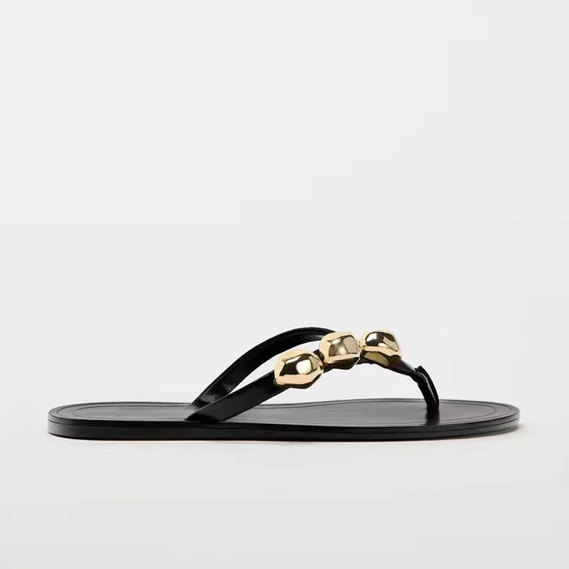 TRAF Women Black Flip Flop Flat Slippers Outdoor Summer Metal Decoration Leisure Sandals Round Head Pinch Toe Shoes For Woman