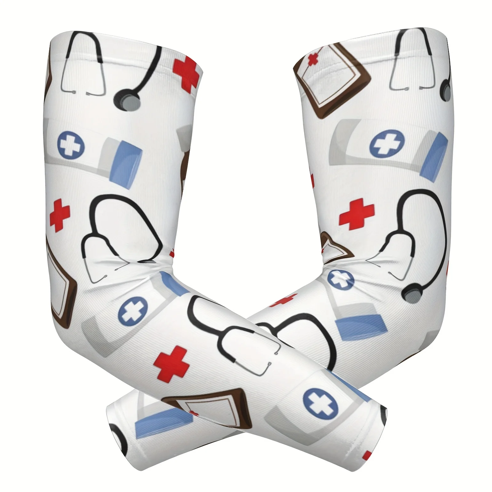 白いベースに医療用具の像、聴診器や十字架などのシンボルが描かれた、トレンディなノベルティアームスリーブ