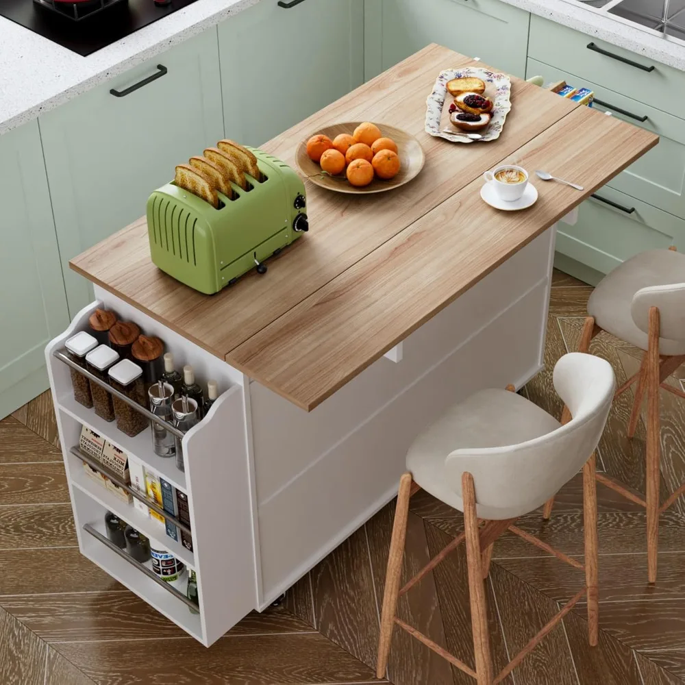 Kitchen Island On Wheels Rolling Cart With Drop Leaf Storage Cabinet Three Drawers Inner Adjustable Shelves