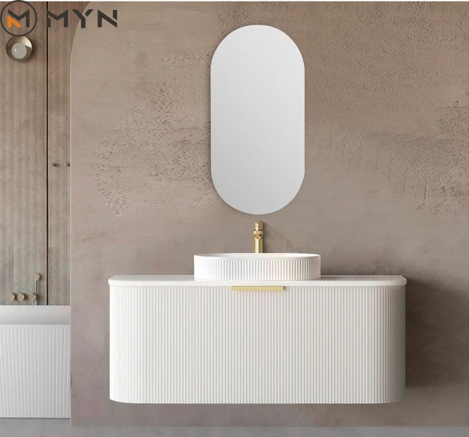 European  Style Groove Fluted  White Hotel Toilet Room Wooden Furniture Bathroom Cabinet Sintered Stone Vanity With LED Mirror