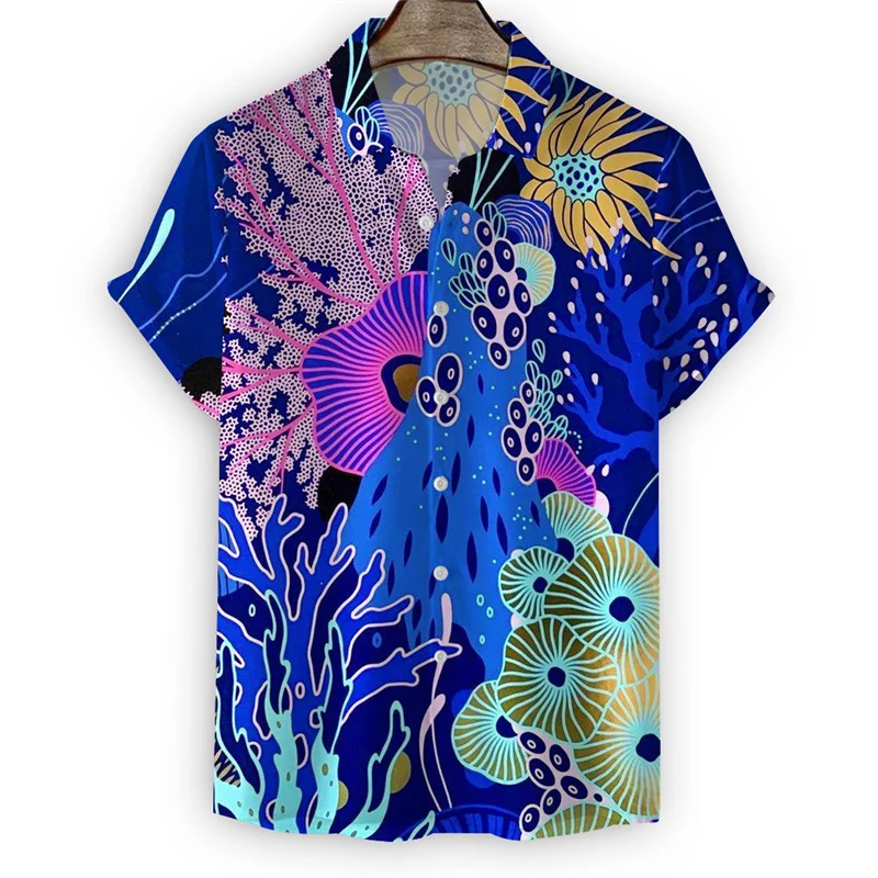 Colorful Marine Coral 3d Print Shirt Men Women Cool Summer Hawaiian Shirts Beach Short Sleeves Tops Lapel Button Blouse Clothes