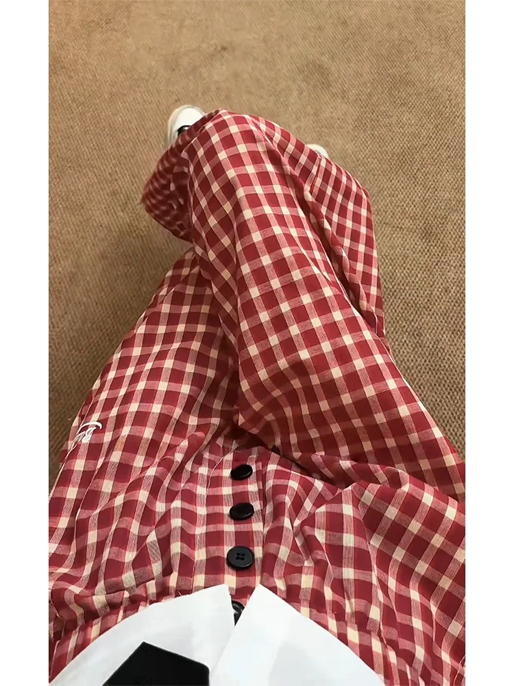 

Красные клетчатые повседневные брюки унисекс, летние тонкие свободные брюки с пуговицами, прямые брюки свободного кроя, широкие брюки-парашютчики