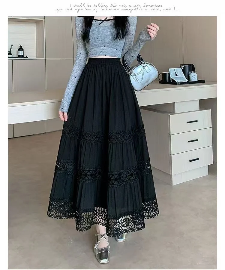 Spódnica damska z koronkowym wykończeniem, o kroju litery A, z wysokim stanem, w stylu słodkiego ciastka.