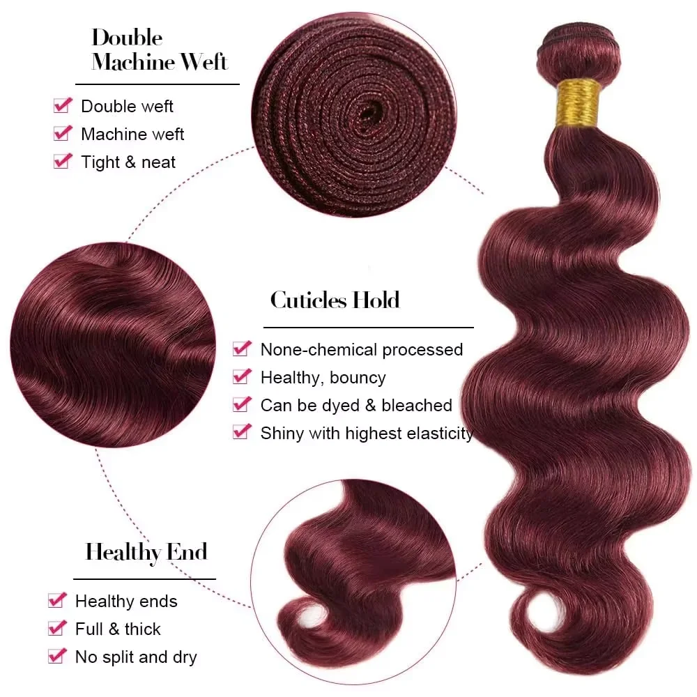 Bundles brésiliens de vague de corps, cheveux humains Remy, extensions de cheveux non transformés, tissage rapide, 100% bordeaux 99J, 14 A, 16A, 20 po, 20 po