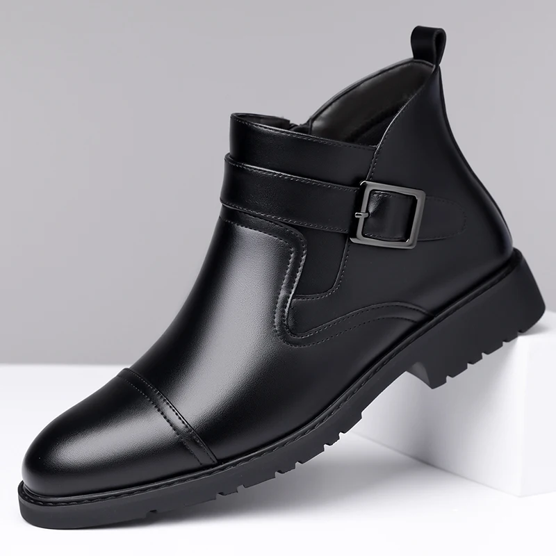 Winter New Mid Top Formal Business Shoes, Casual Leather Short Boots, Side Zipper Design, Waterproof and Windproof Riding Boots