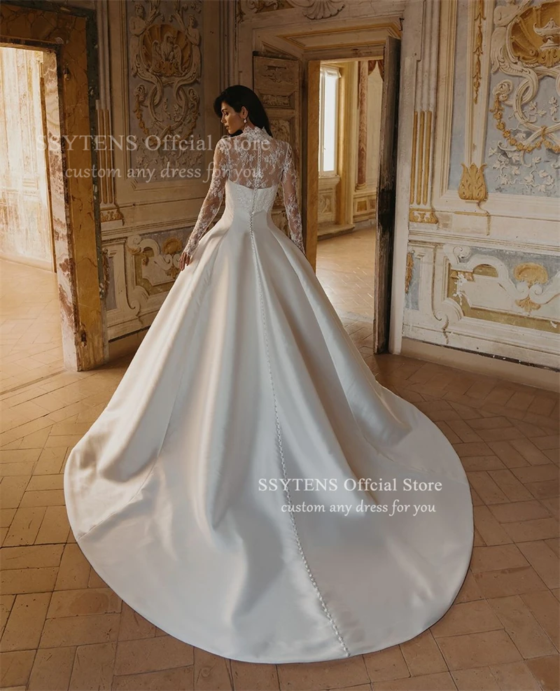 SSYTENS فساتين زفاف فاخرة من الدانتيل للمرأة برقبة عالية من الساتان زي العرائس بأكمام طويلة فستان عروس Vestidos De Novia مخصص