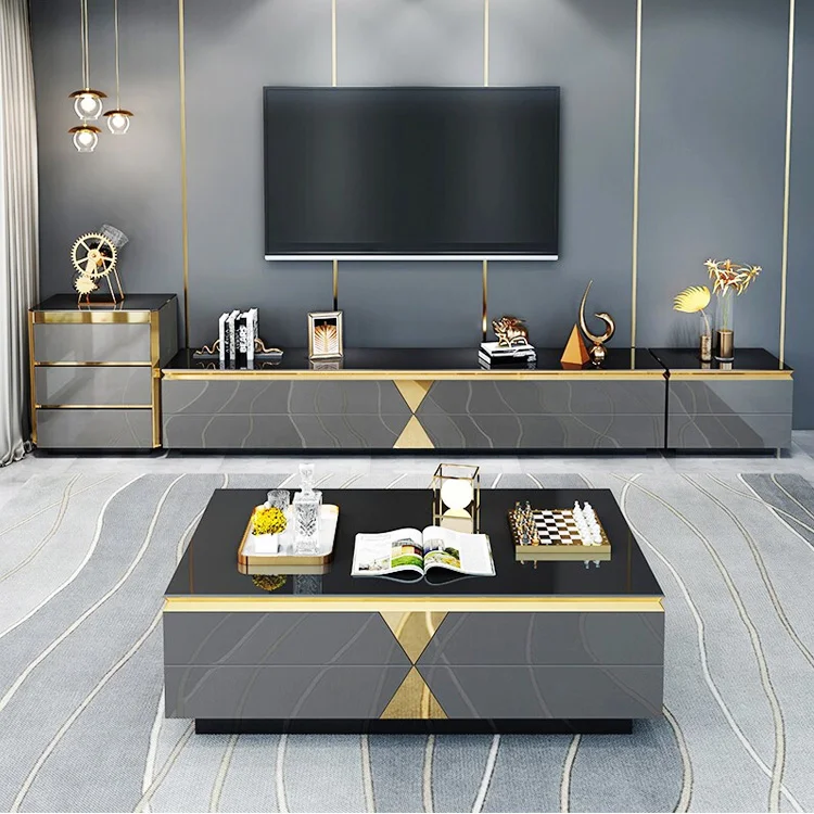 

Light Luxury TV Cabinet Coffee Table Combination American Living Room Square Marble With Storage Furniture
