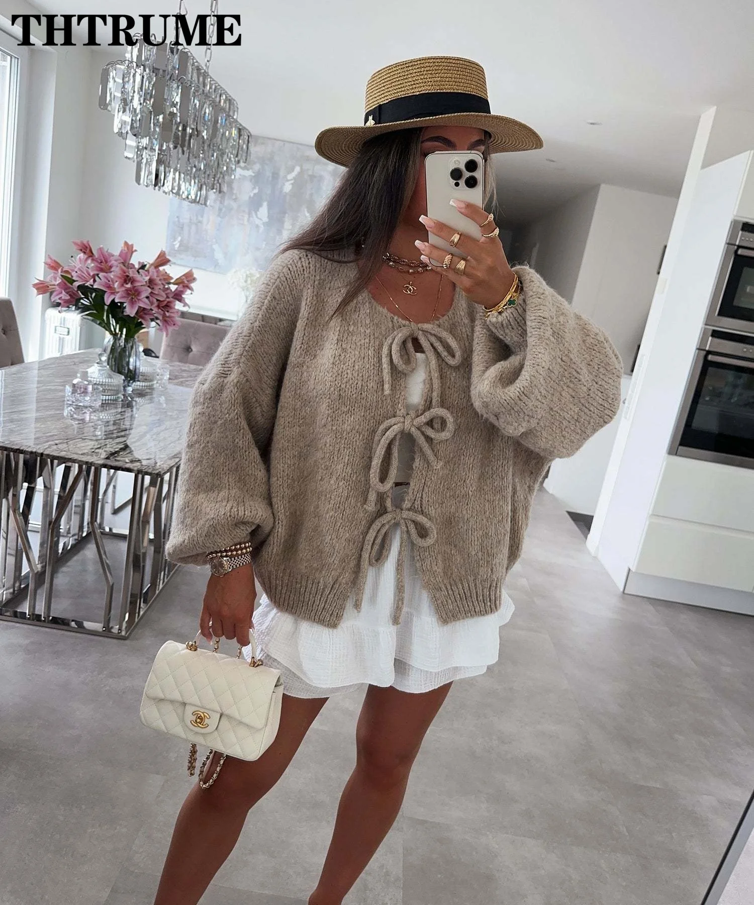 Women Fashion Lace Up Bow Sweaters Elegant Solid Color Long Sleeve Autumn O-Neck Knitwear Jumpers Tops Casual 2024 New Cardigans