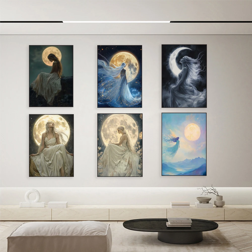 Selene print, moon goddess, woman and moon fantasy artwork, Greek mythology decorative poster, sacred feminine artwork