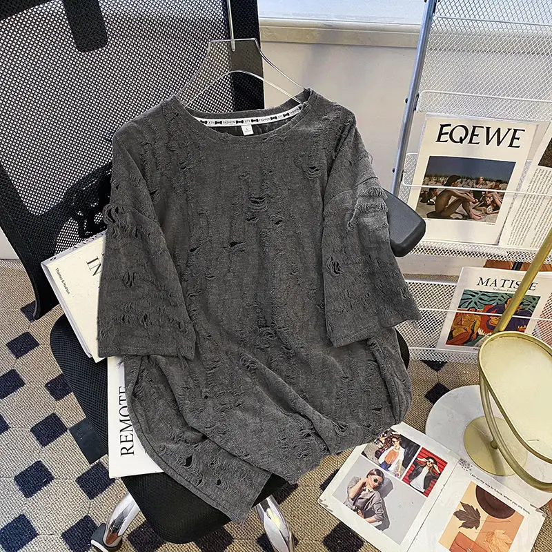 

2025 New Retro Fashion Trend Design Hollow Short Sleeve T-shirt Women Summer Oversized Loose Casual Tops Female