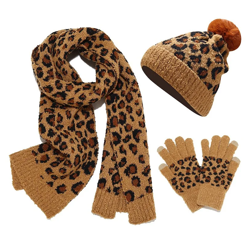 Autumn winter cold resistant knitted hat set for women leopard print outdoor warm woolen hat scarf gloves three piece set