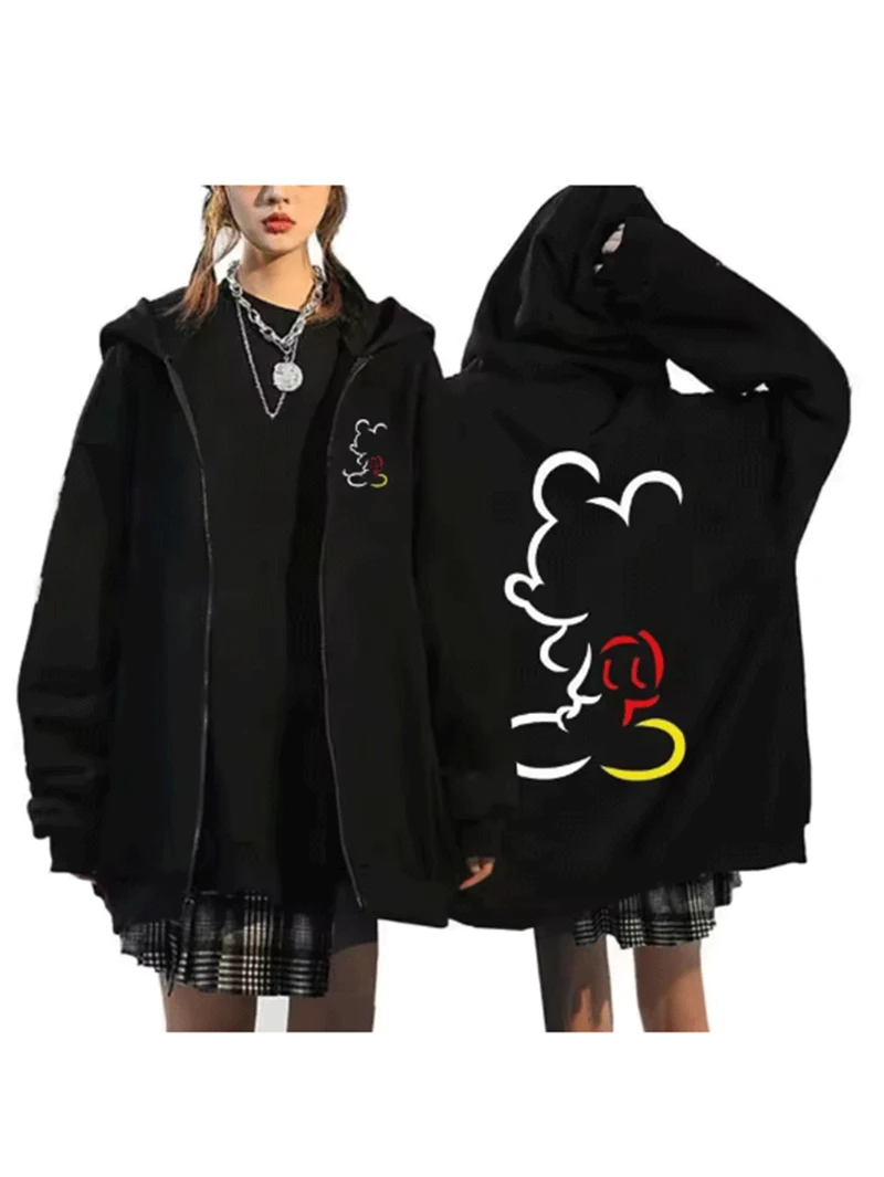 سترة بغطاء للرأس بسحاب بنمط ميكي مرخص من ديزني على الوجهين، ورقبة دائرية وأكمام طويلة ورقبة دائرية