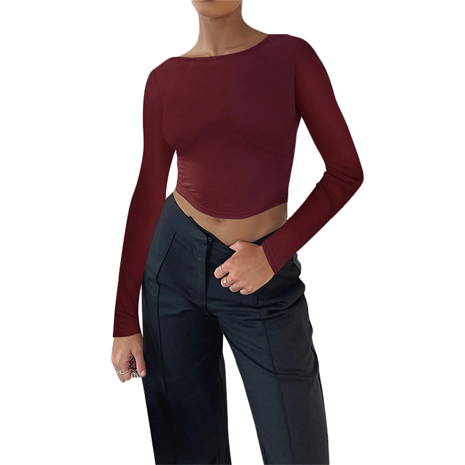 Women´s Long Sleeve Cropped Tops Solid Color Round Neck Backless Show Navel T-shirt for Spring Summer